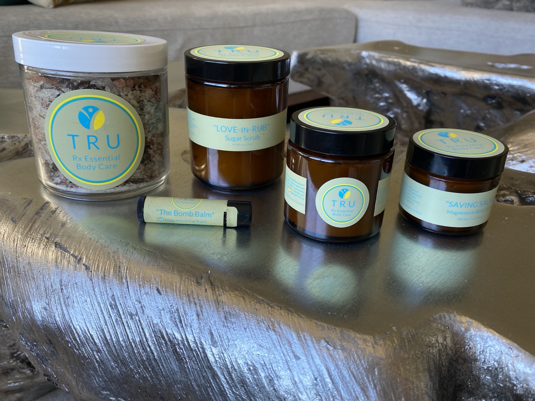 TRU Rx magnesium body care products displayed together